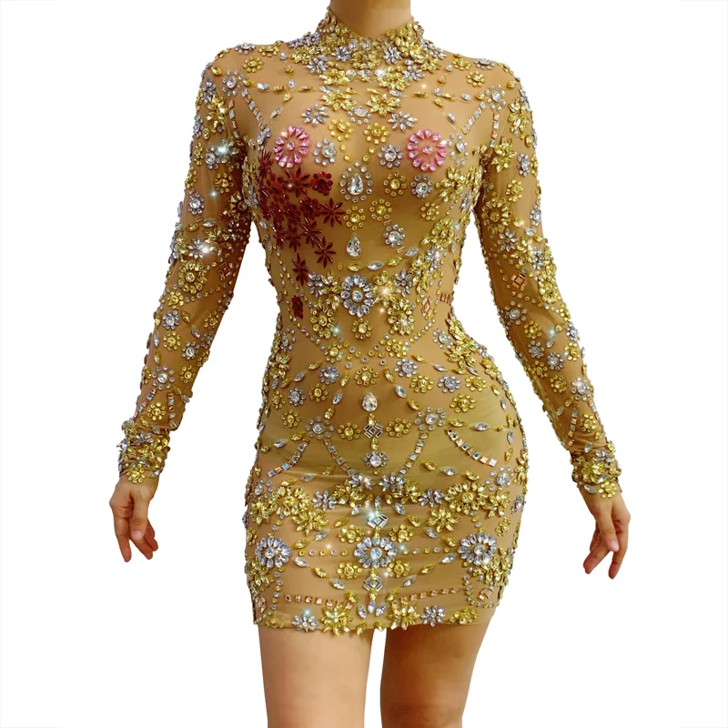 

Gold Crystal Stone Nightclub Dress Wrap Hip Sexy Singer DJ Gogo Dancer Costume Evening Birthday Party Clothes Women