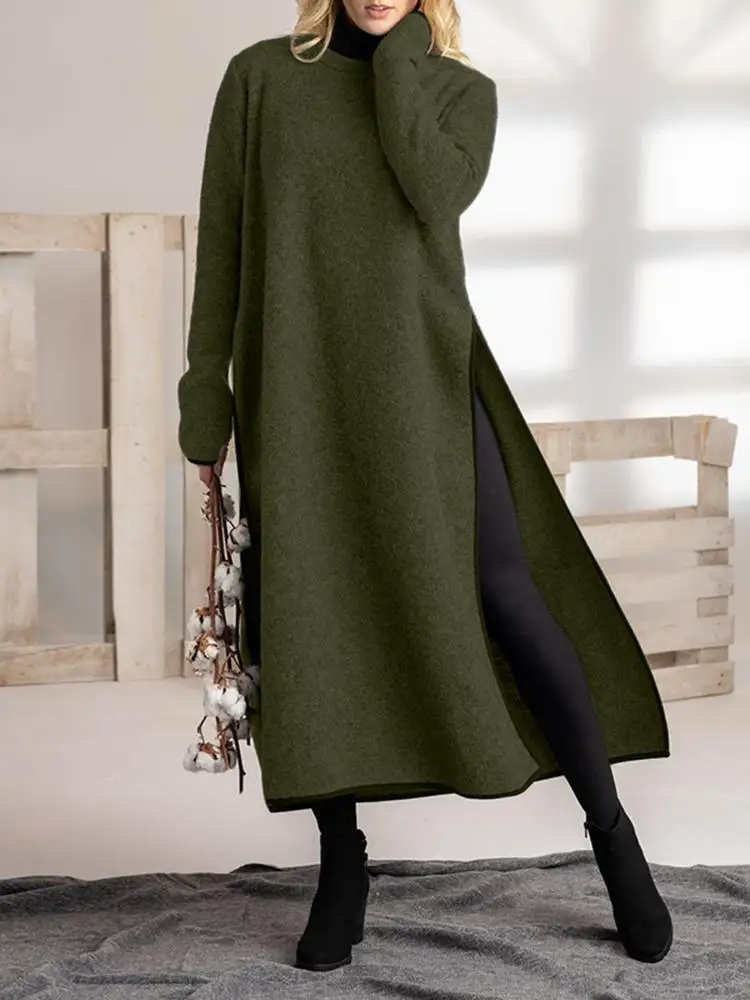 Plus Size 5XL VONDA Vintage Long Dress 2024 Autumn Women Pullover Sweatshirt Vestidos Casual Thin Solid Color Split Midi Robe