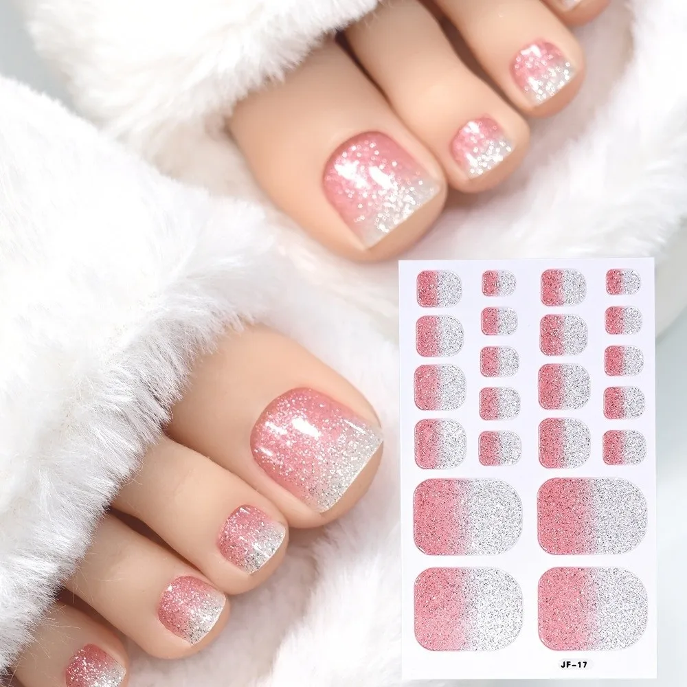 22tips/Sheet Gradient Glitter Toe Nail Stickers Waterproof Solid Color Shimmer Finish Self Adhesive Toenail Decals