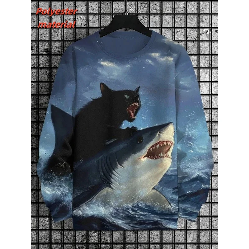 3D Print Apple Cat Shark Sweatshirt For Men Wheat Field Pattern Hoodies Casual Street Loose Tops Round Neck Pullover Streetwear