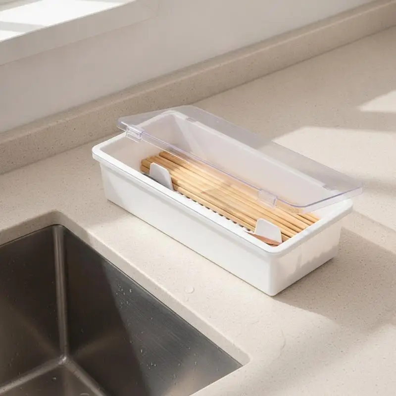 Dust & Fly Proof Kitchen Tableware Storage Box with Lid Drainable Chopstick Spoon Holder for Home Restaurant Countertop