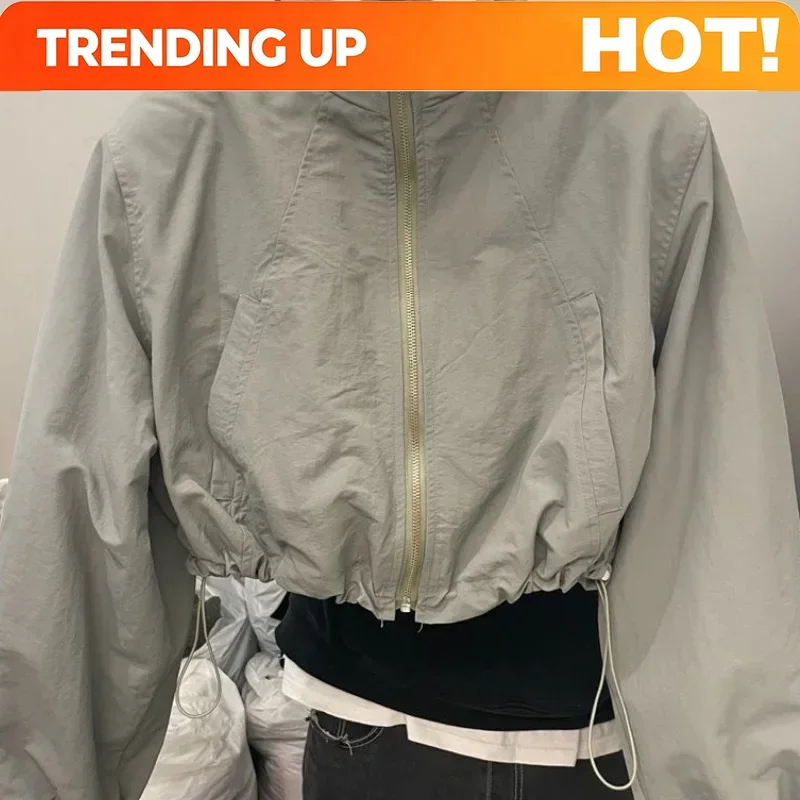Customization Vintage Women's Jackets Autumn Cropped Windbreaker Techwear Waist-Cinching Streetwear Long Sleeves Casual Female