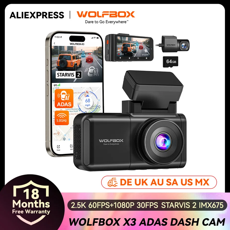 WOLFBOX X3 2.5K 60FPS Dash Cam with GPS & WiFi