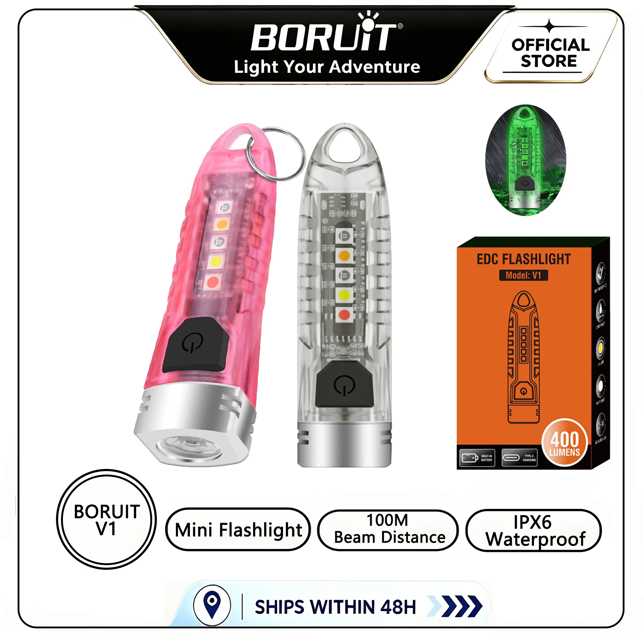 BORUiT V1 400LM UV Keychain LED Flashlight EDC Rechargeable Waterproof Fluorescent Work Light Camping Pocket Torch Lantern