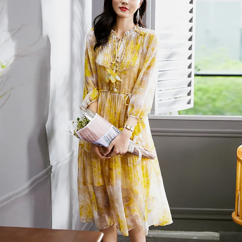 Elegant Fashion Women's Summer Dresses Three Quarter Sleeve Print Long Dress 100% Real Silk Woman Two-pieces Set Midi Dress