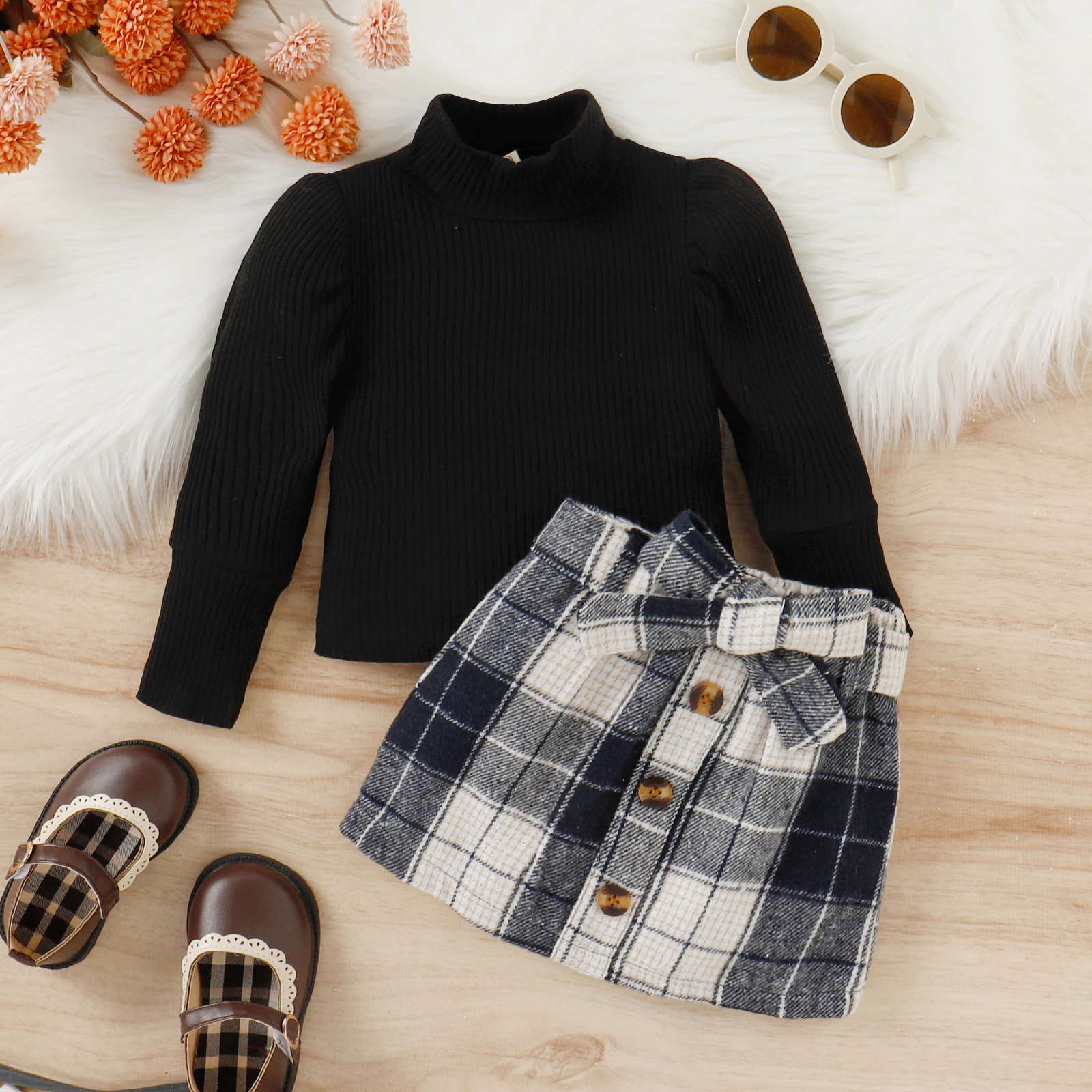 3PCS Autumn And Winter 1-4 Year Old Girls And Baby Trendy And Fashionable Solid Color High-Necked Top + Plaid Skirt Suit