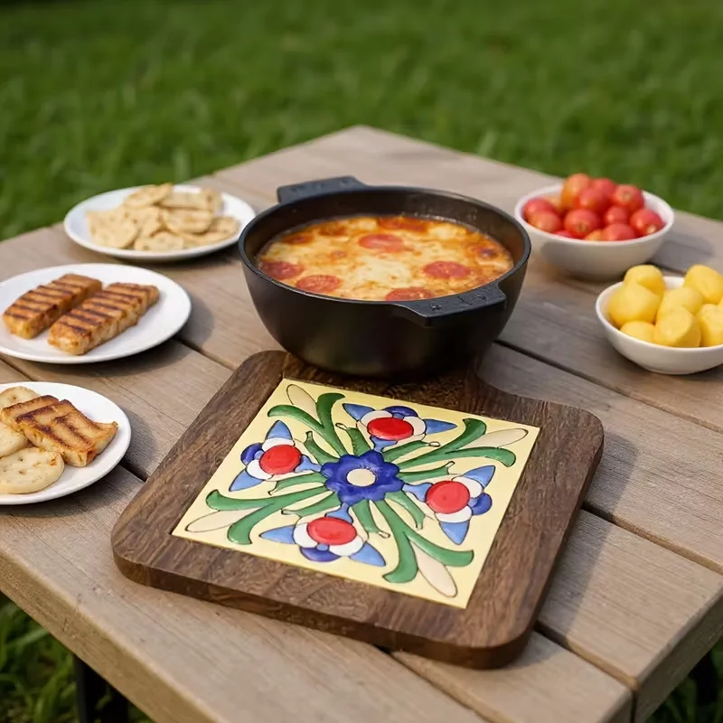 Retro Solid Wood Coasters With Decorative Tile Pattern Insulation Durable Household Restaurant Placemats Soup Pot Casserole Mats