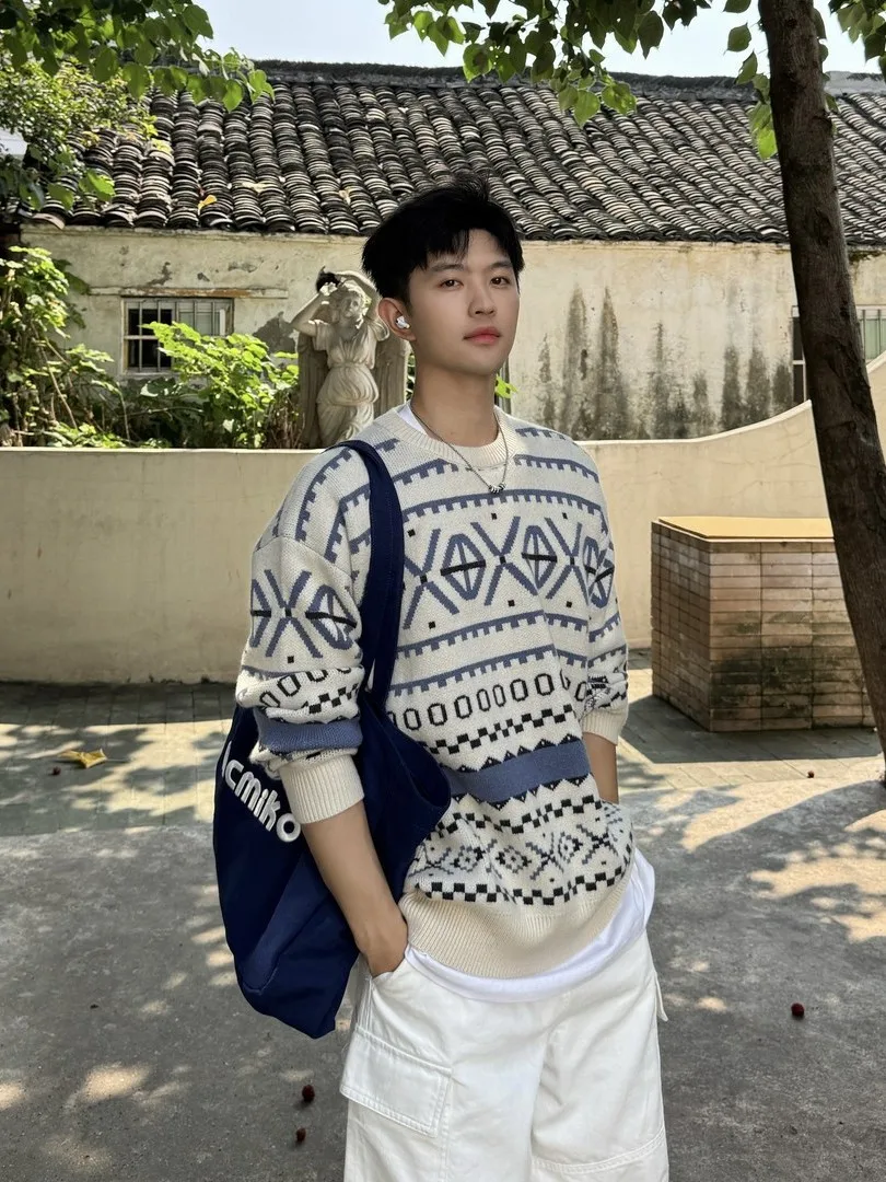 

Retro American Knitted Sweater Men's Faion College Sle Inner Wear Turtlene Autumn Winter Cool Knitwear Geometric Pattern