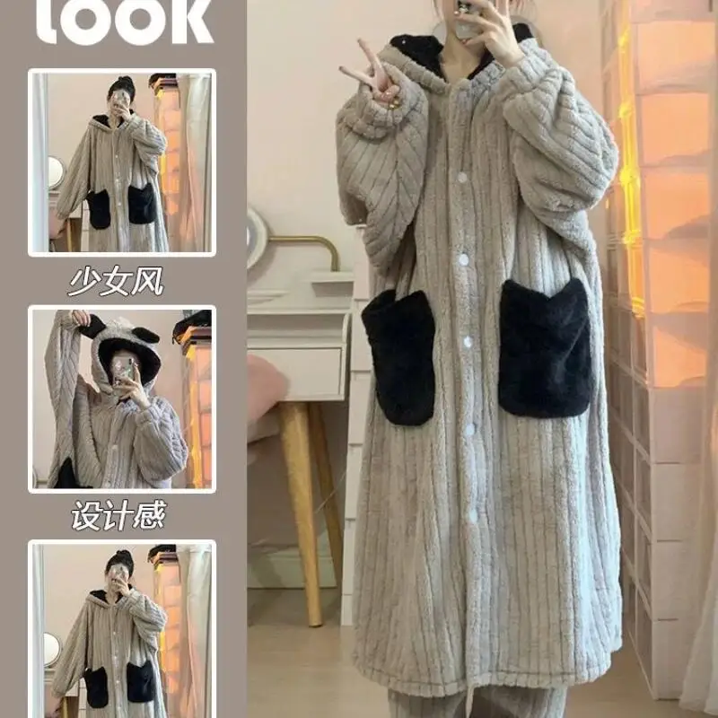 Women's Clothing Coral Fleece Robe Winter Sweet Thicken New Model Long Style Nightdress Pajamas Wearable As Outerwear Homewear