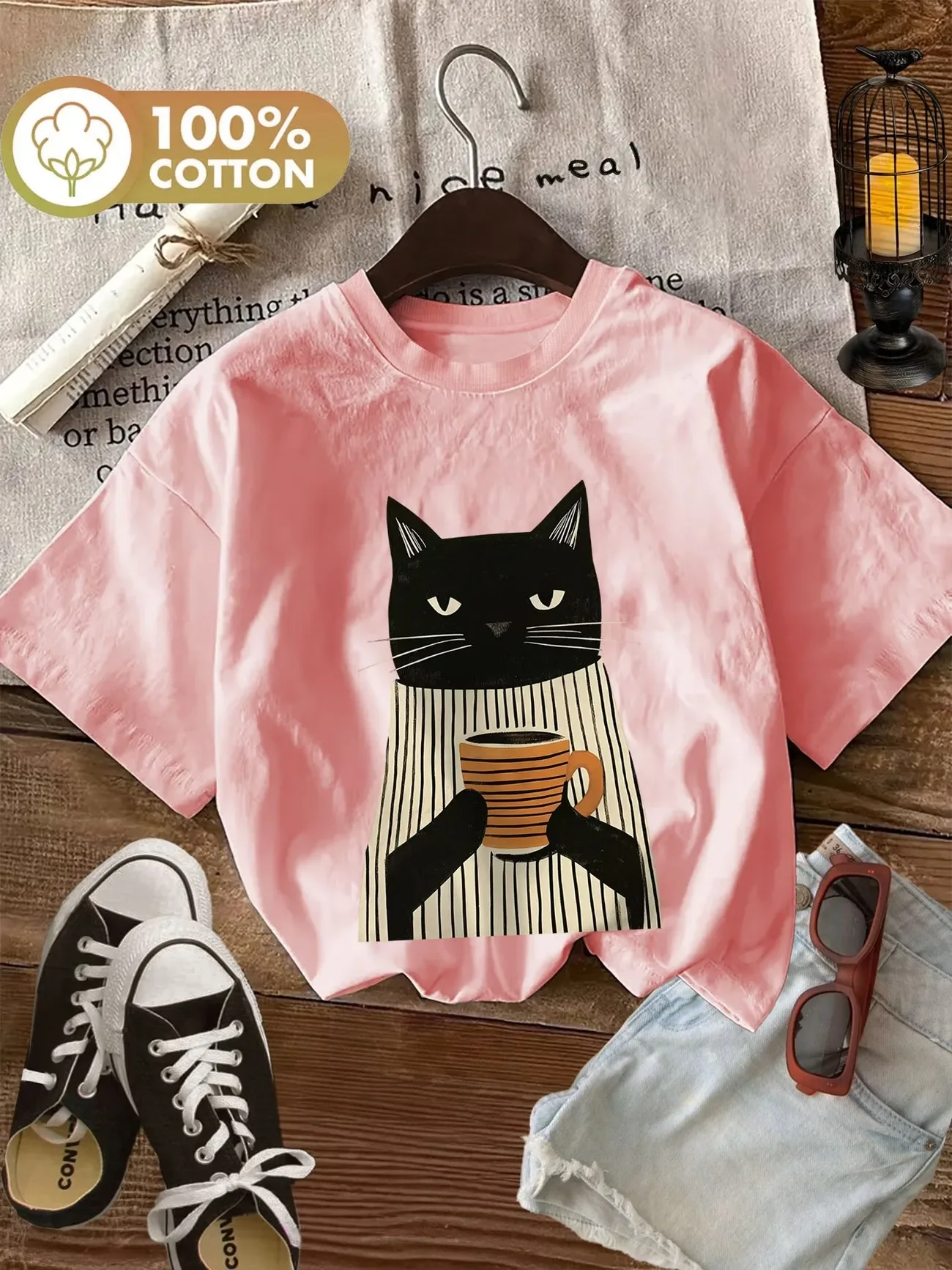 Übergroßes, niedliches schwarzes Katzen-T-Shirt mit Kaffee-Motiv, 100% Baumwolle, Damen-T-Shirt, weicher Rundhalsausschnitt, kurzärmeliges Oberteil, lustiges, trendiges Damen-T-Shirt. – Detail 3