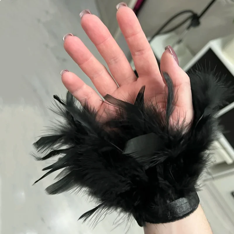 Women Natural Fur Feather Cuffs Sexy Cuffs With Feathers Feather Cuff Snap Bracelet Sleeves Wrist Arm Removable Shirt