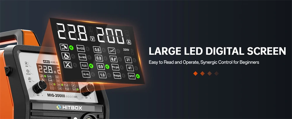 HITBOX MIG-Schweißgerät 220V 200 Ampere 7-in-1 Stick ARC MMA Gaslos/Gas MIG Lift TIG Punktschweißgerät mit Spool Gun, Einzelpuls-Aluminiumschweißgerät, großem LED-Digitalbildschirm und Inverter-Schweißwerkzeug – Detail 3