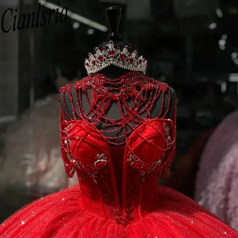 

Red Glitter Crystal Beading Tassel Quinceanera Dresses With Jacket Ball Gown Appliques Lace Sweet 15 Años Mexican Customized