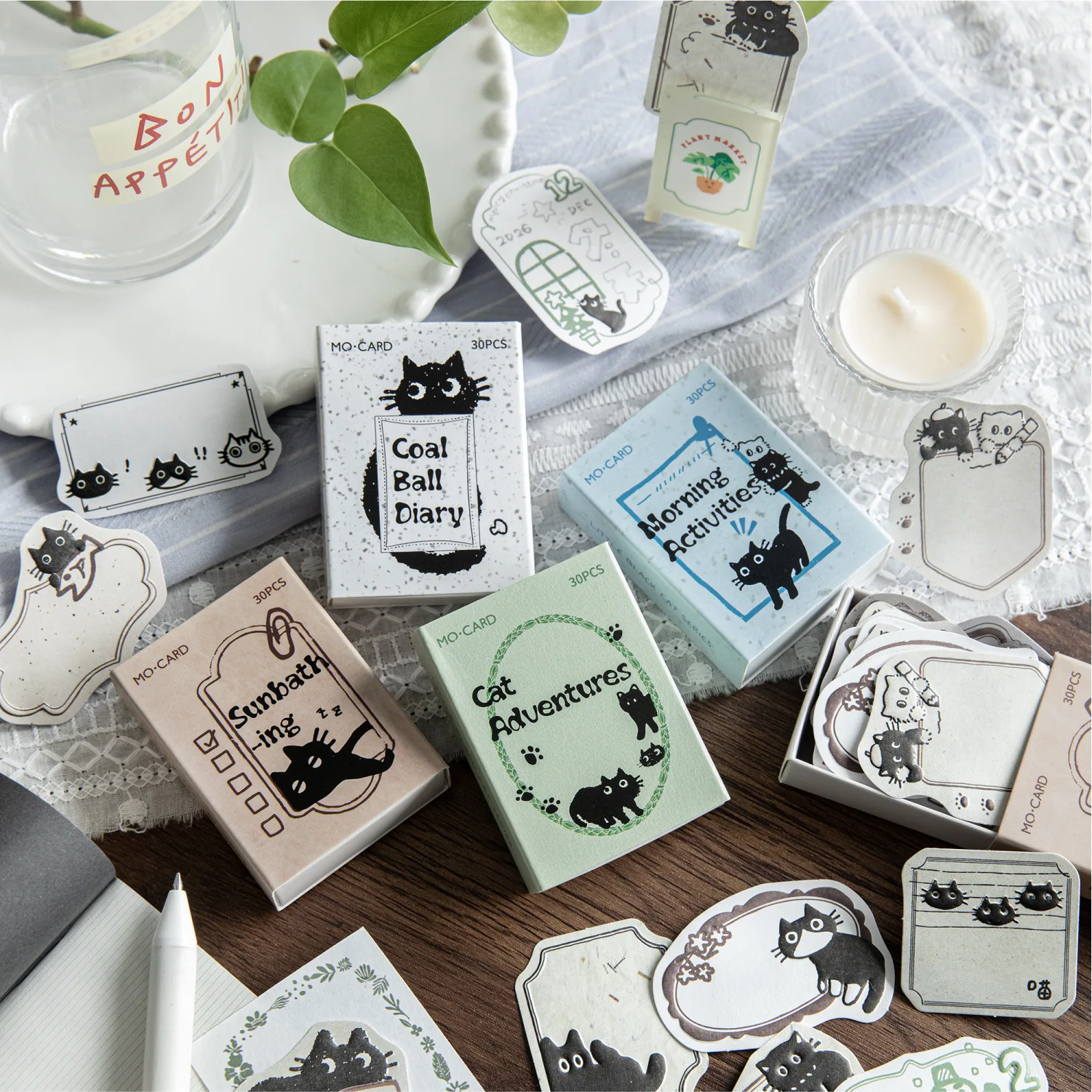 30pcs White Kraft Paper Embossed Matchbox Cat Stickers Book Diy Handmade Scrapbook Aesthetic Stationery