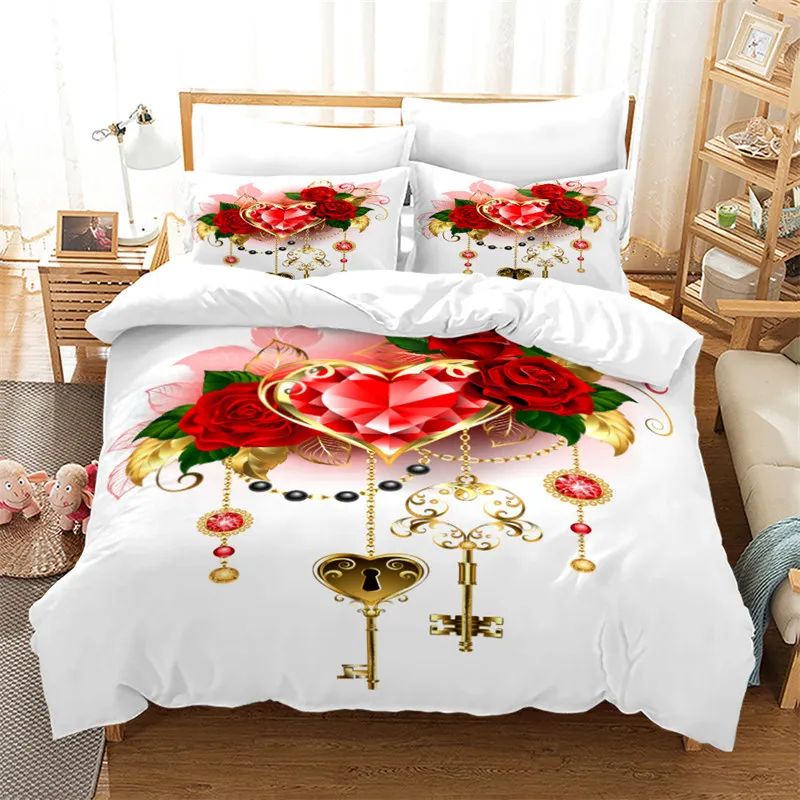 

Romantic Rose Floral Duvet Cover With Pillowcases Flowers Print Bedding Set Queen For Valentine's Day Adults Girls Teens Decor