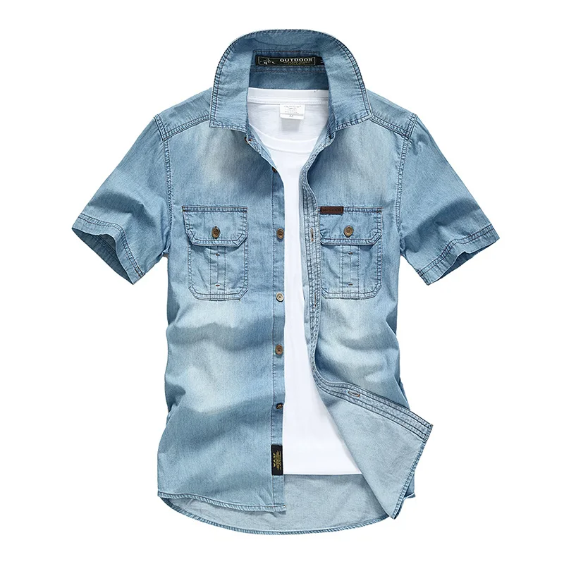 Mens Summer Retro Denim Shirts Mens Casual Straight Cotton Short Sleeve Jean Shirts Street Outdoor Cargo Plus Size Blue T-Shirt