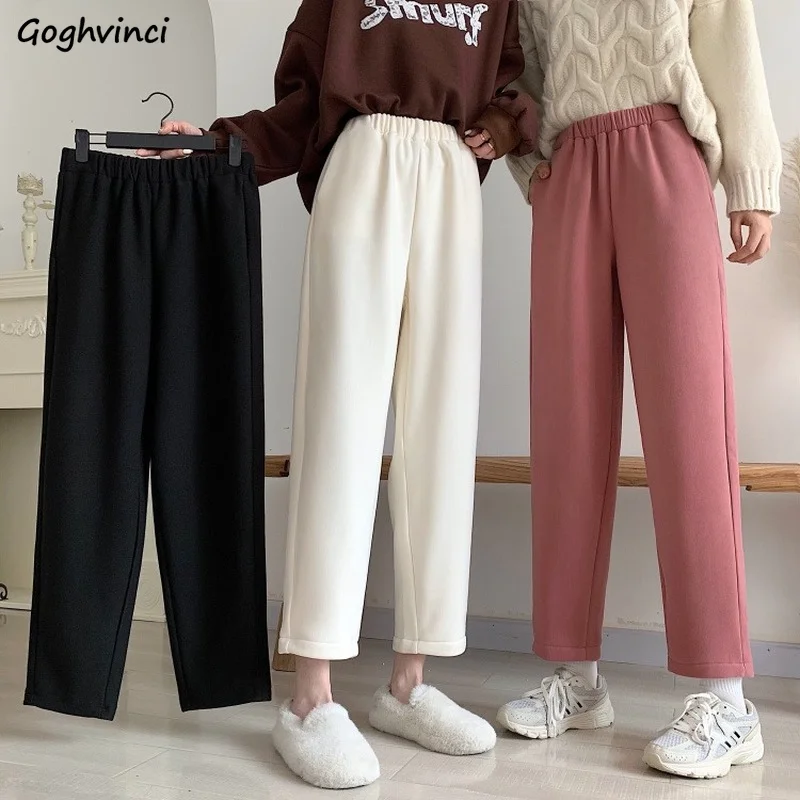 

Thicken Pants Women Workout Elastic High Waist Sweet Preppy Style Loose Ankle Length Straight Trousers Casual Harajuku Solid BF