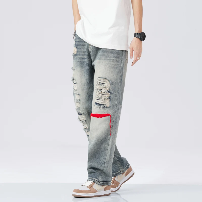 Jeans Men Fashion Retro Loose Spring Autumn Ripped Embroidery Asymmetrical American Style Teenagers Casual High Street Handsome