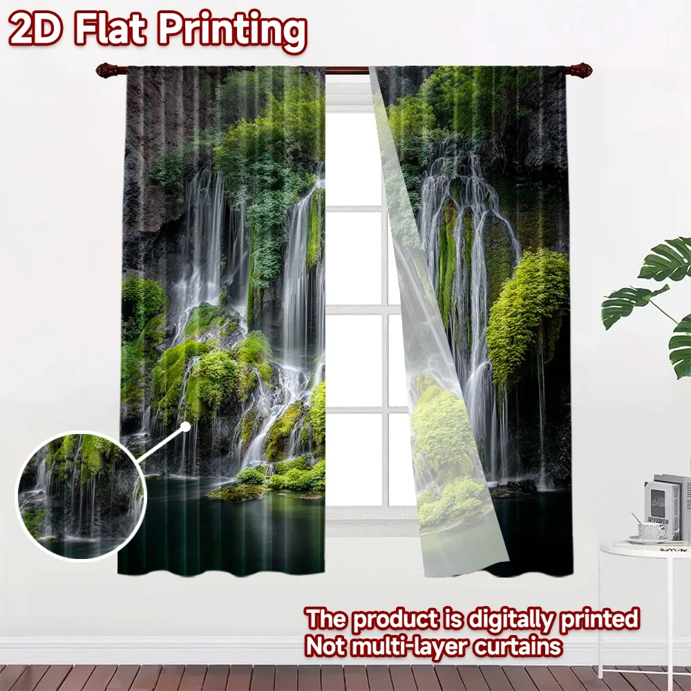 2D flat 2pcs Curtain Retro Country Style Curtains Mossy Cliff Waterfall Digitally printed polyester, colorfast Festive Holiday