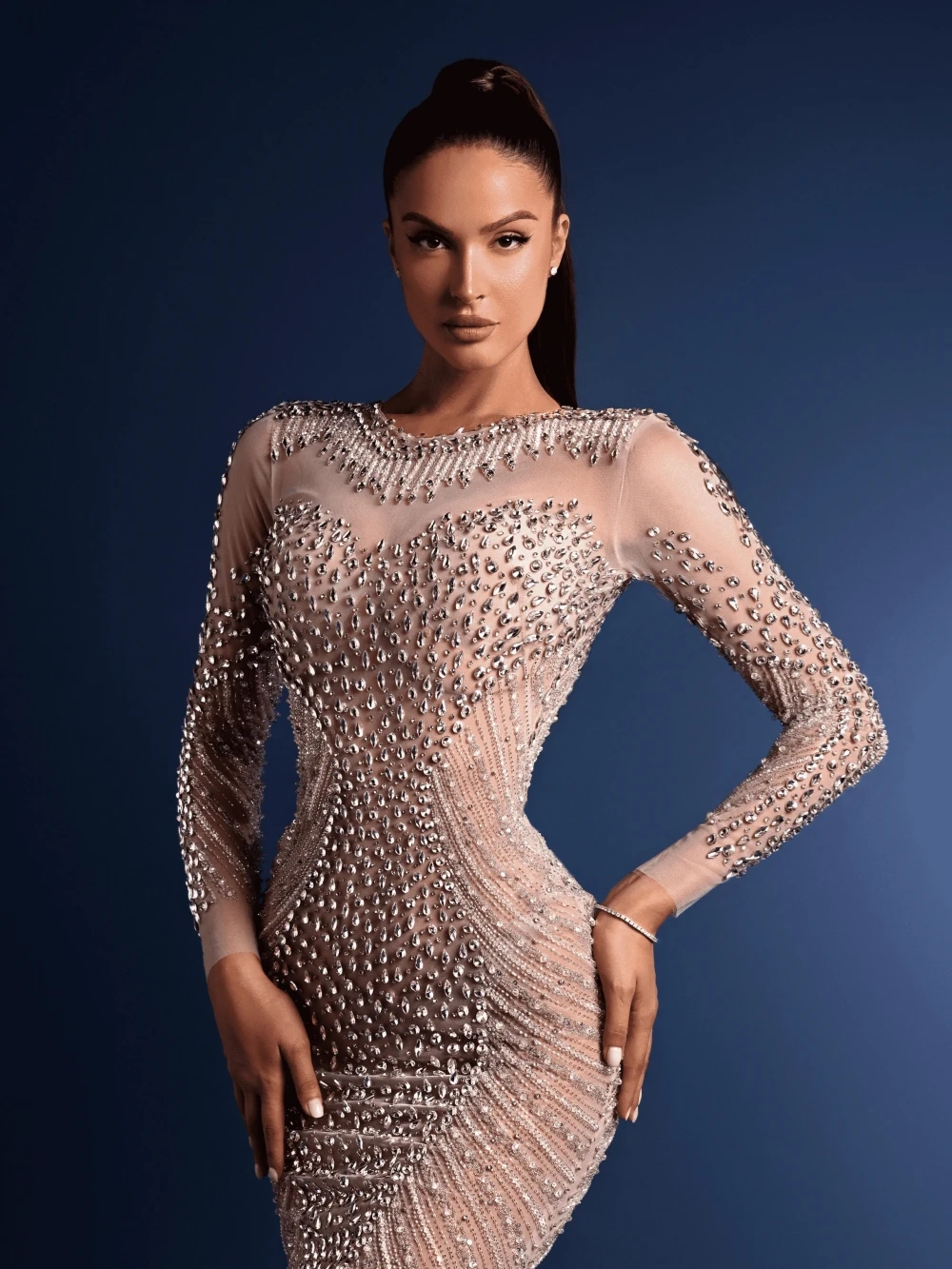 Neuankömmling Luxus Perlen Abendkleid glänzende Strass steine Meerjungfrau langes Ballkleid 2025 sexy Illusion Cocktail kleider angepasst