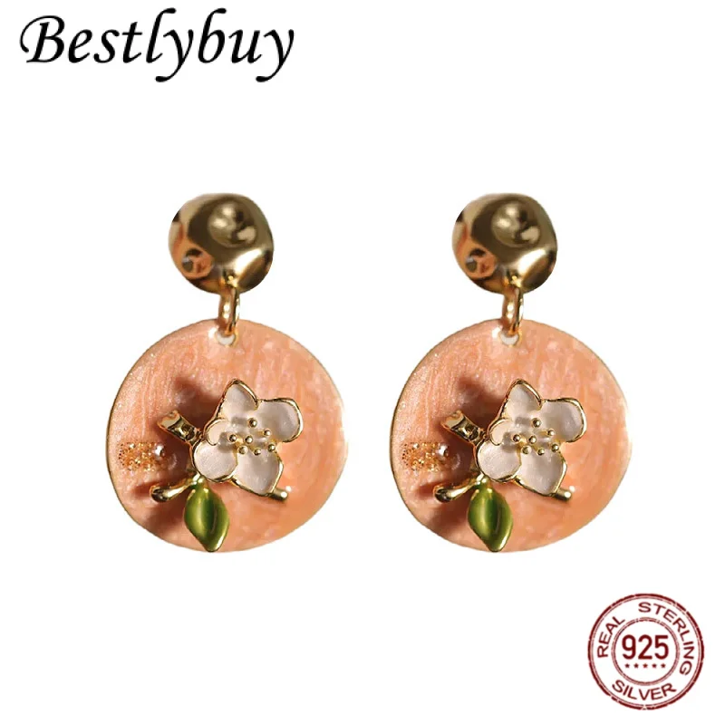 

French Monet Garden Style S925 Sterling Silver Gold-plated Drop Glazed oil Painting Flower Fashionable Light Luxury Earrings