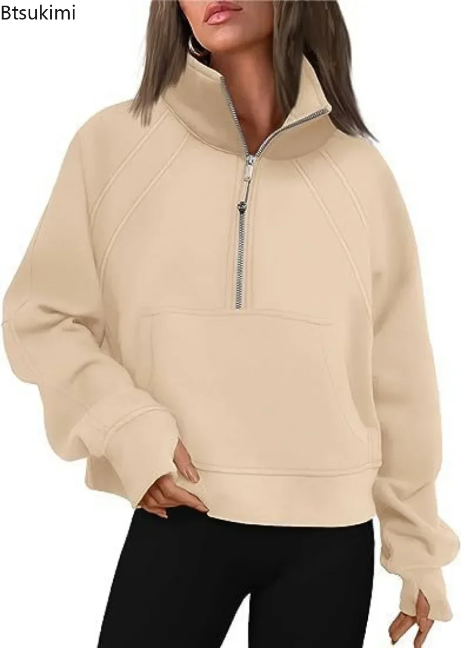 2025, Damen-Pullover mit halbem Reißverschluss, kurzem Stehkragen, Plüschpullover, solide Herbst-Kapuzenpullover, Übergröße, Street-Sweatshirt,