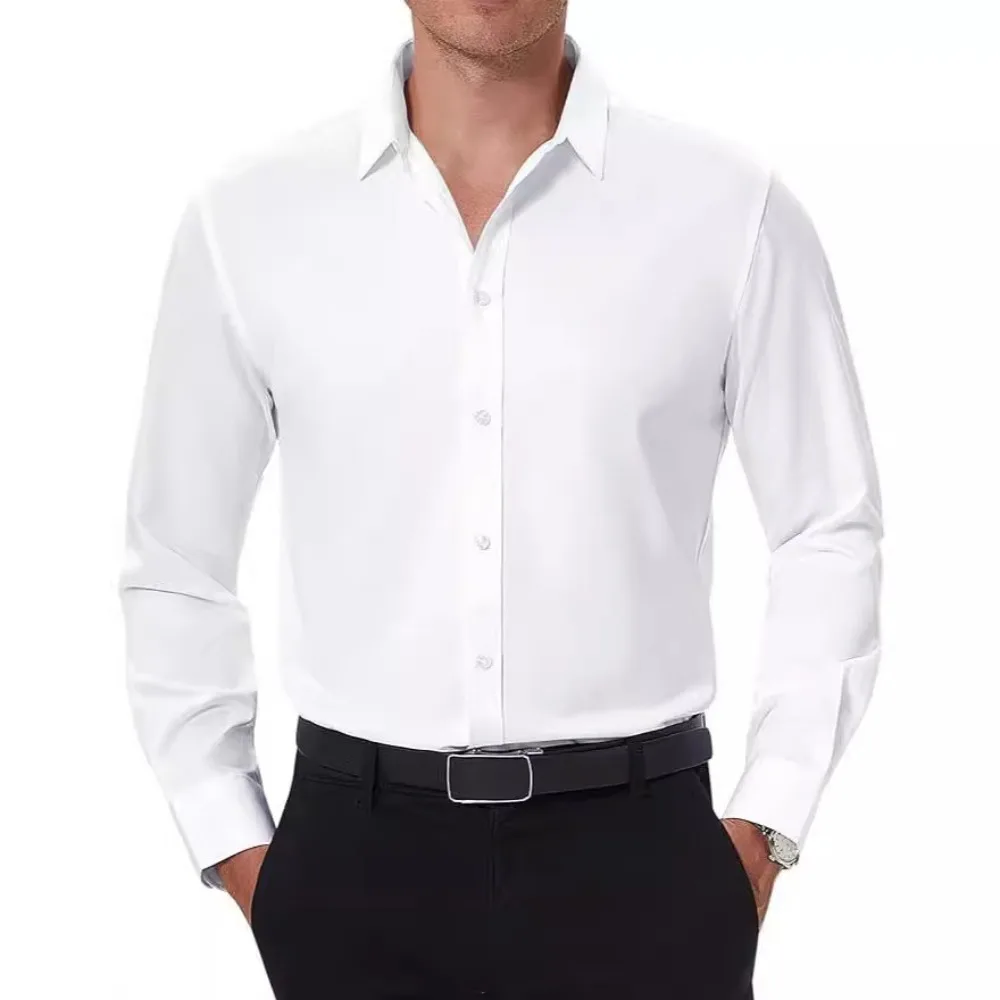 

Мужская однотонная классическая рубашка приталенного кроя — минималистичный топ с короткими/длинными рукавами для делового повседневного и офисного ношения