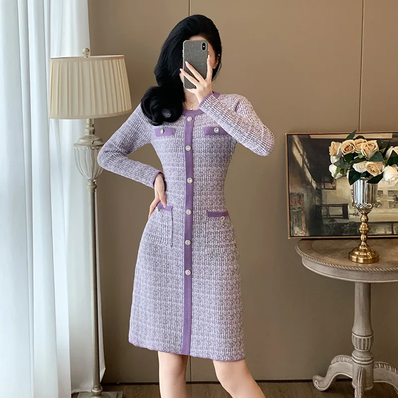 #2412 Purple Sweater Dress Women Round Neck Buttons Slim Elastic Short Pullover Knitted Dress Vintage France Style Stretch Tight