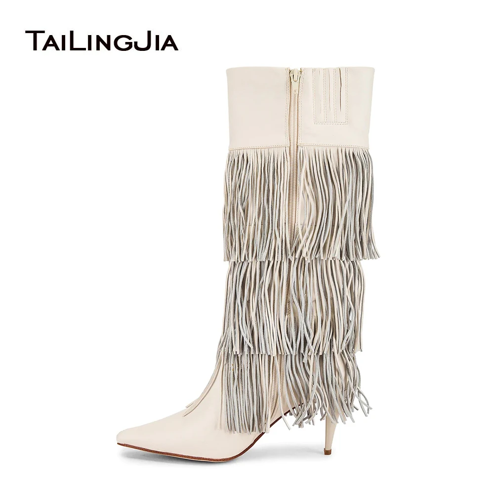 White Tassel Stilettos Heel Pointed Toe Winter Boots For Women 2024 Side Zipper Knee High Boots Plus Size Ladies Shoes