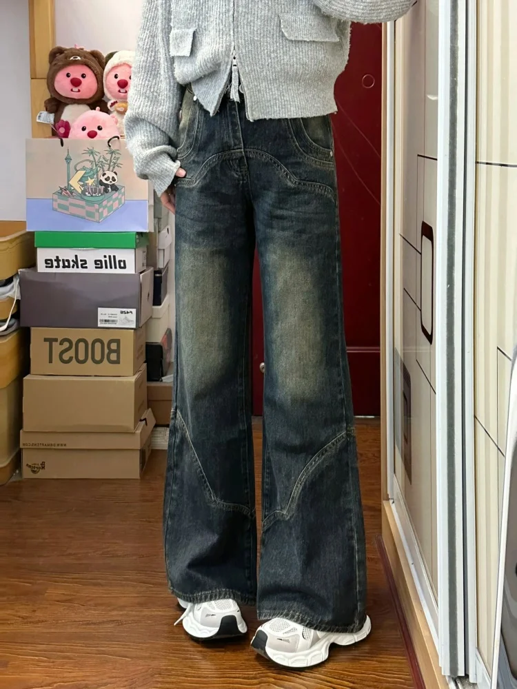 

Женские джинсы Fce Lined Thiened в стиле ретро с пэчворком, прямые, из денима, осенне-зимние, новые, американские, с высокой талией, облегающие, широкие штанины