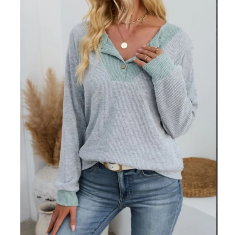 Nouveaux chemisiers pour femmes T-shirt printemps automne mode contraste couleur faux deux pièces couture POPL revers décontracté ample à manches longues hauts