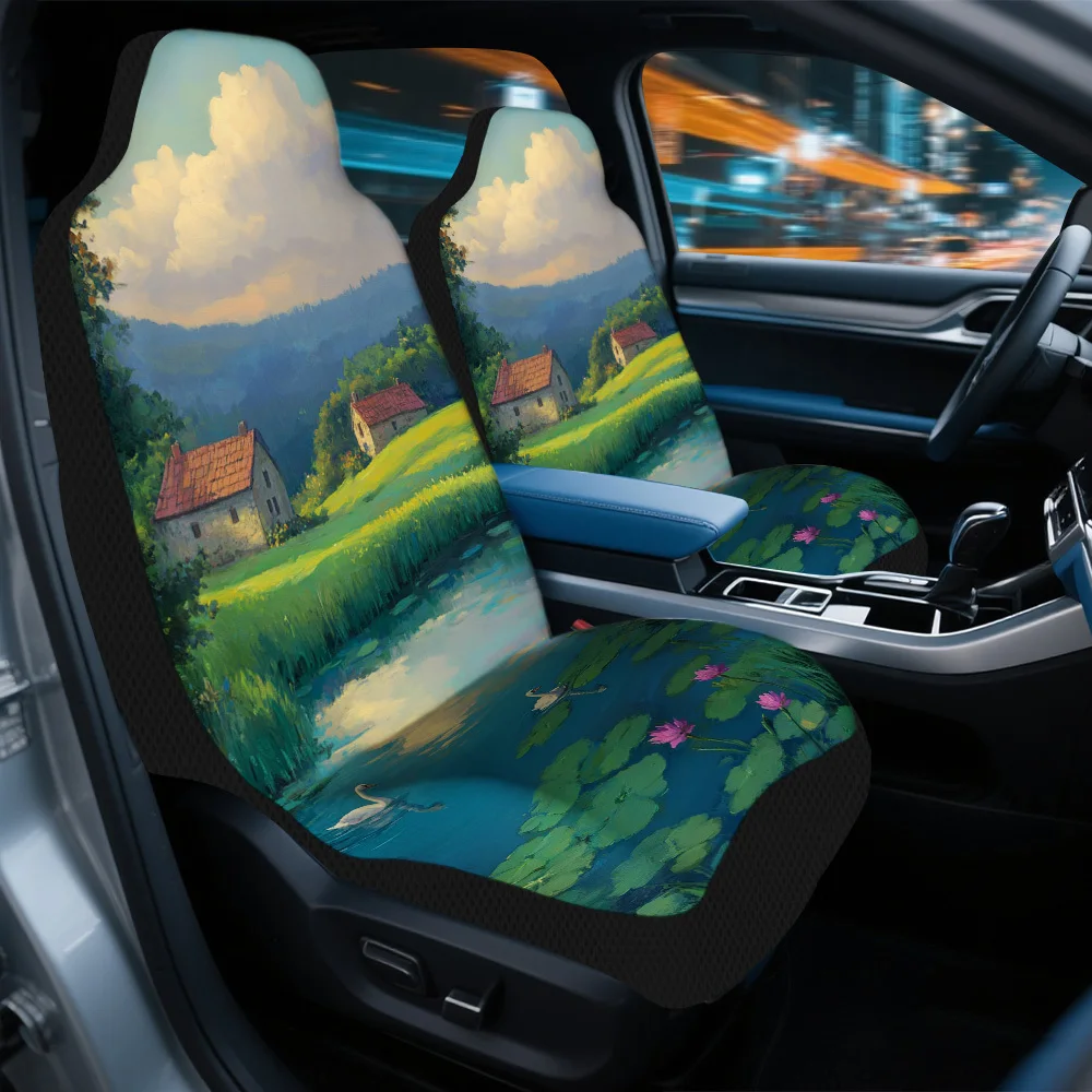 2pcs Idyllic Countryside Stream Themed Car Seat Cover Set – Stylish, High-Quality Full Set For 2 Front Seats, Fit For Most Cars