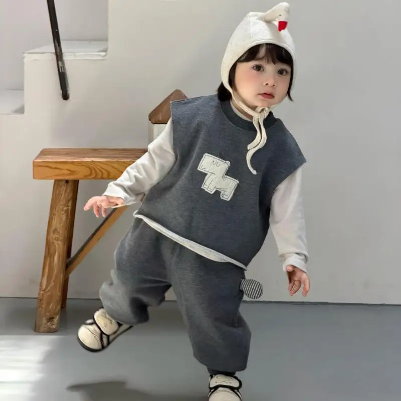 2026 Autumn New Baby Short Sleeve Clothes Set Boys Girls Cartoon Print Vest + Pants 2pcs Suit Toddler Cotton Casual Outfits