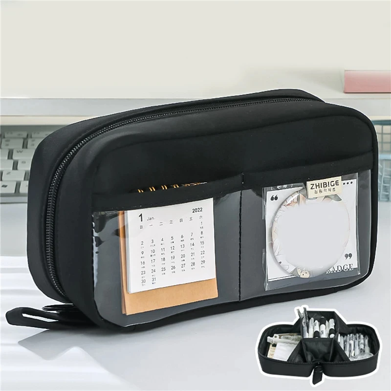 Kawaii مقلمة سعة كبيرة 3 مقصورة الحقيبة القلم حقيبة مزدوجة الجانب افتتاح طالب منظم قرطاسية اللوازم المدرسية