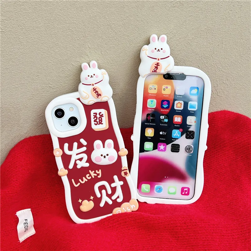 Japan Pop Cartoon maneki-neko Case For iphone 15 13 12 14 Pro Max i11 13pro 15PM 3D rabbit Silicone Cute Phone Cover new year