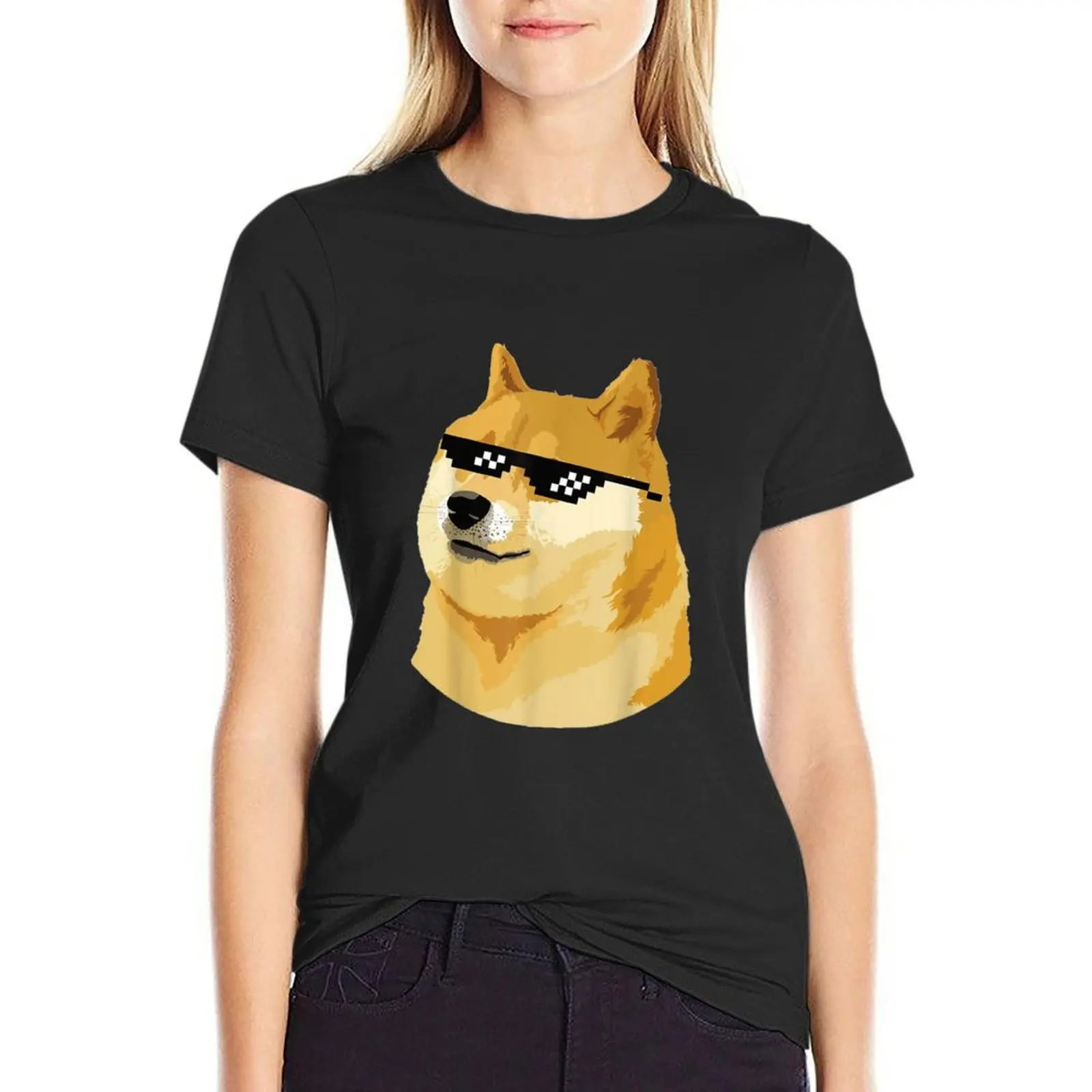 Doge with deal with it glasses T-Shirt Female clothing heavyweights Woman fashion