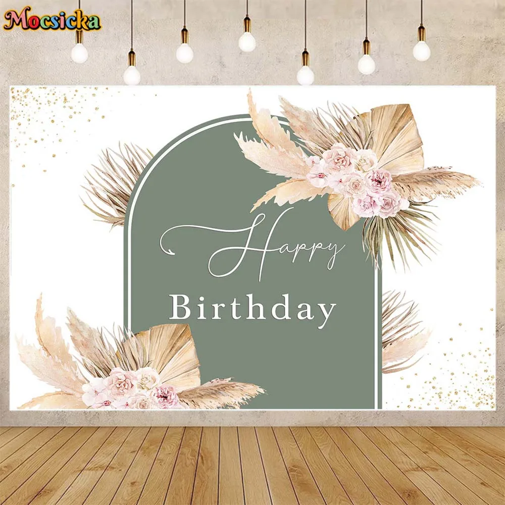Mocsicka البوهيمي عيد ميلاد خلفية التصوير Pampas العشب بوهو الزهور الطفل الطفل حفلة عيد ميلاد خلفية ديكور اسم مخصص