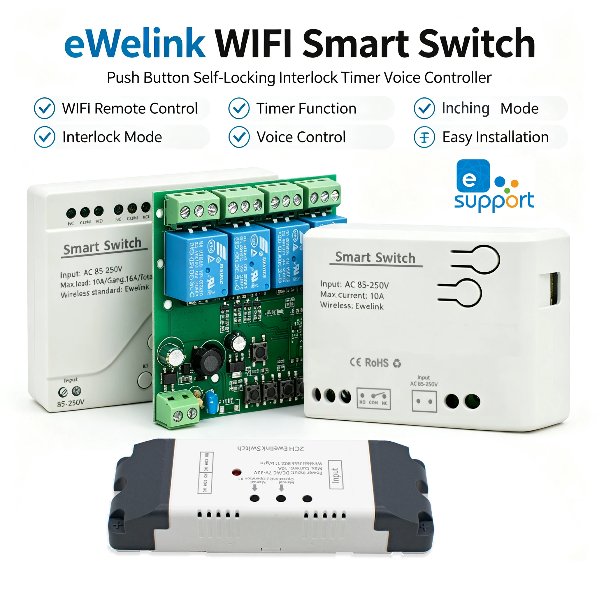 EWelink WiFi Smart Switch Relay Module AC DC7-32V 220V Inching Self‑locking Timer Voice APP Controll for Garage Door Light Motor