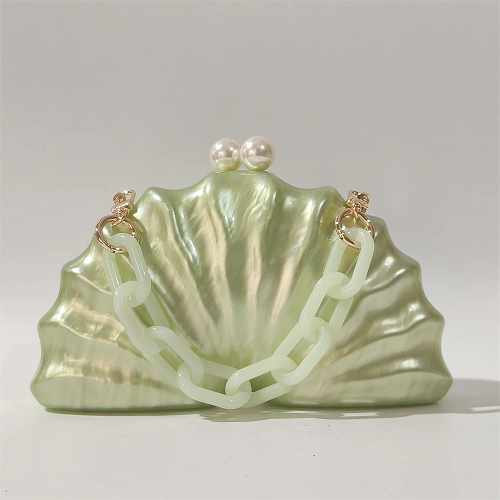 

Green Marbles Shell PVC Resin Beaded Handle Acrylic Box Clutches Women Shoulder Tote Evening Party Cheap Handbag And Purse Bags