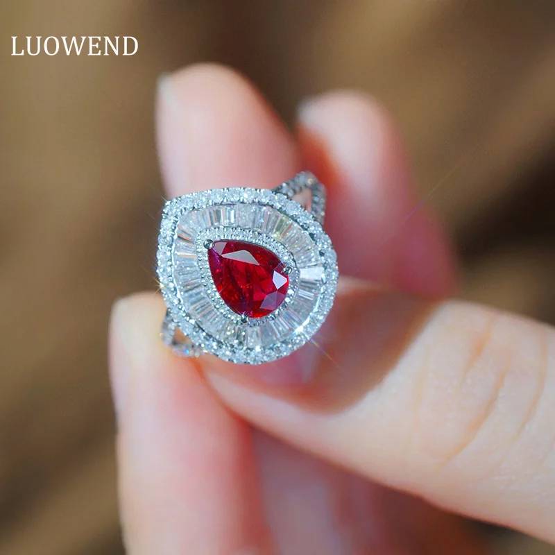 

LUOWEND 18K White Gold Rings Natural Ruby Real Diamond Gemstone Ring for Women Senior Banquet Luxury Water Drop Design Jewelry