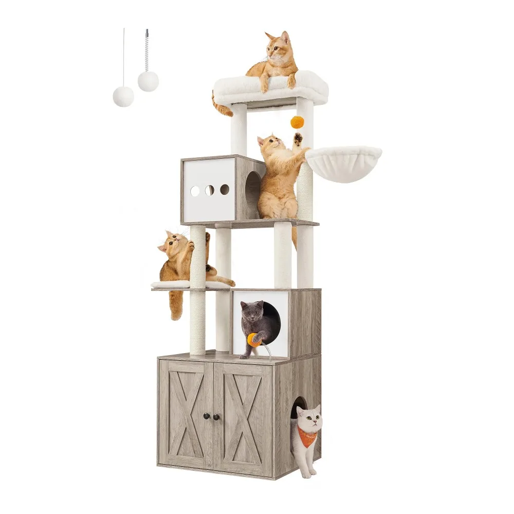 

2024 New Cat Tree with Litter Box Enclosure, 2-in-1 Modern Cat Tower, 72.8-Inch Tall Cat Condo