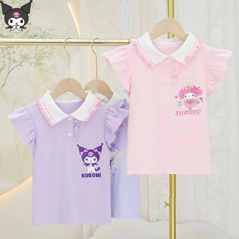 

Kuromi Cinnamoroll Girls Little Flying Sleeve T Shirt My Melody Anime Kawaii Cartoon Sanrio Lace Lapel Short Sleeve Summer Soft