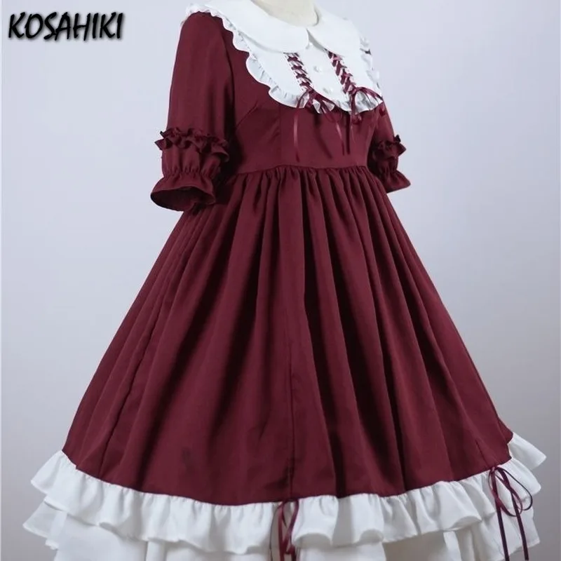 KOSAHIKI Japanese Kawaii Peter Pan Collar Lolita Dresses Patchwork Bowknot Ruffles Sweet Women Vestido Princess Party Femme Robe