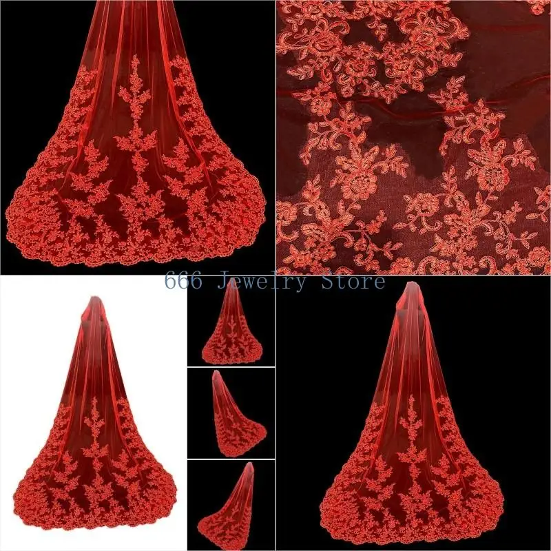 

F2TD Cathedral Length Lace Tulle Flower Embroidery Veil Light Weight Bridal Veil