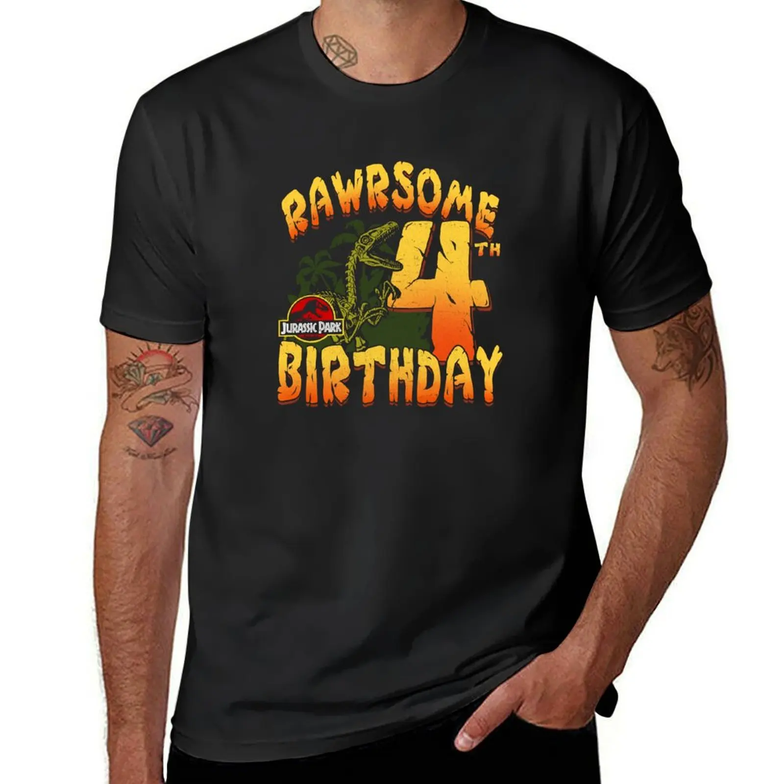 

Jurassic Park Retro Tropical Dino Rawrsome 4th Birthday Logo T-Shirt summer tops Blouse heavy weight t shirts for men