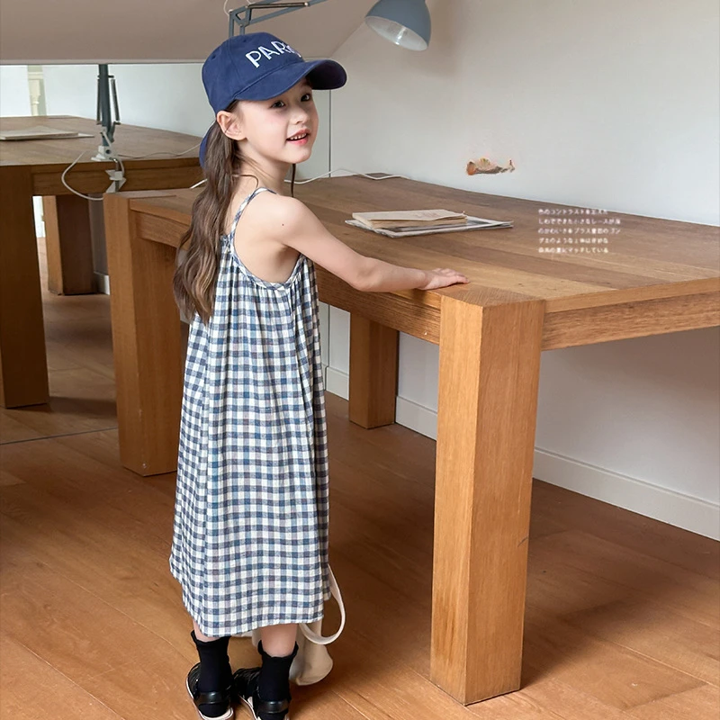 

Girl Dress Children Plaid Long Dress 2024 Summer New Girl Baby Art Style Sub Slip Dress Baby Girl Fashion Plaid Blue Skirts