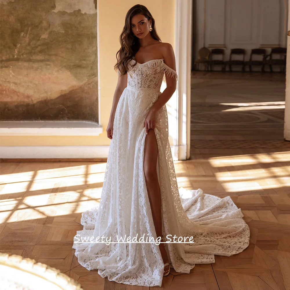 

Lace Wedding Dress Vestido De Noiva Customized Sexy V Neck Off Shoulder Beading High Split A Line Woman Bridal Gowns