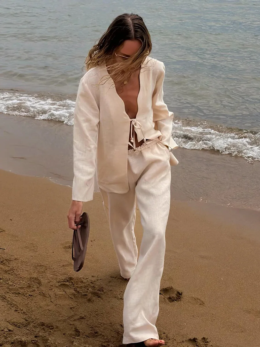 

Llinar Women's Pleated Shirt and Pants Set Spring Fall 2026 Collection Casual Loose Fitting 100% Cotton Pants Set New