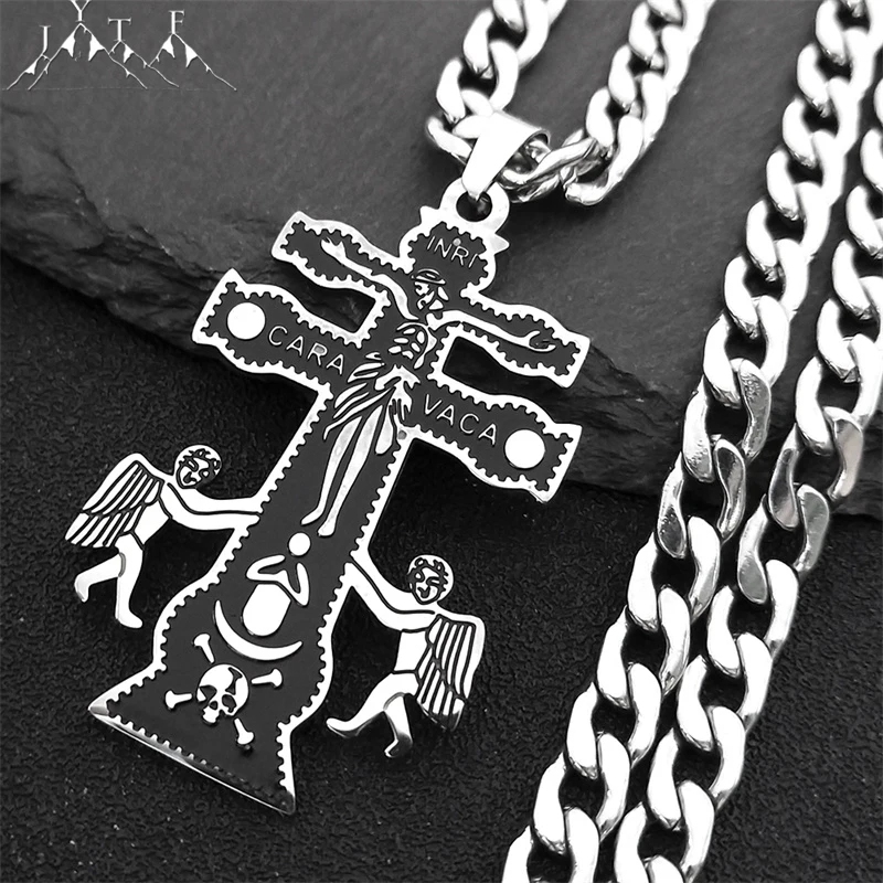 Collar católico INRI Caravaca Cruz crucifijo querubín Ángel mujeres hombres Acero inoxidable ortodoxo Rusia collares joyería N9612S05