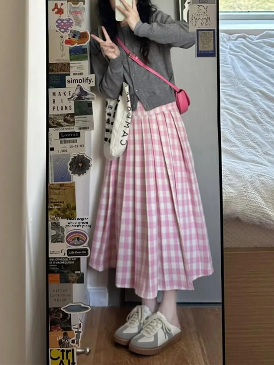 

Розовая клетчатая юбка-миди А-силуэта для женщин больших размеров, корейский стиль, с высокой талией, универсальная, плиссированная, длинная юбка в клетку для фигуры типа «груша»